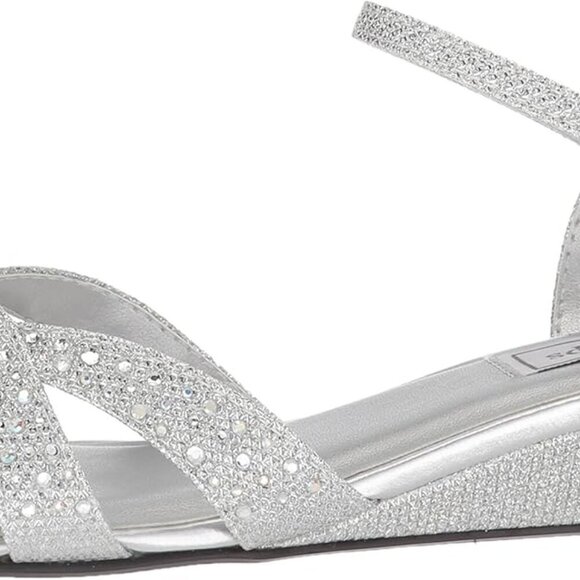 Women's Wedge Sandal Silver Faux Leather 1-Inch Heel Jeweled Buckle Support - Picture 8 of 8